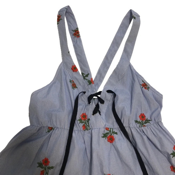 3/$25 ❥ Floral Embroidered Sleeveless Mini Summer Dress Pockets Blue Small - Picture 2 of 11